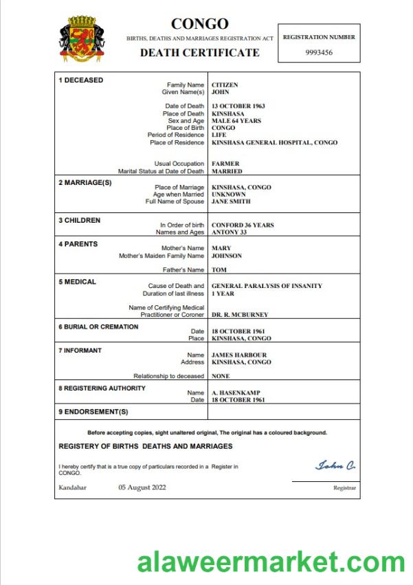 Congo death certificate Word and PDF template